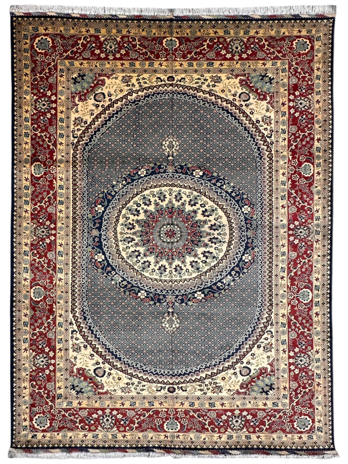 Afghan Tabriz Rug 8x12, Gray, Red & Ivory, Hand-Knotted Wool