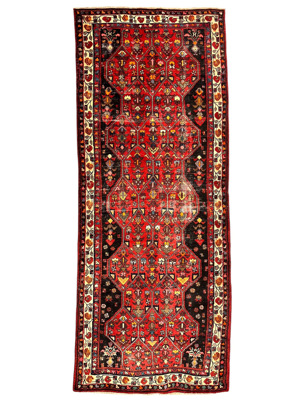 Vintage Persian Hamadan Runner 4'2" x 10'5", Hand-Knotted Wool, 1950s