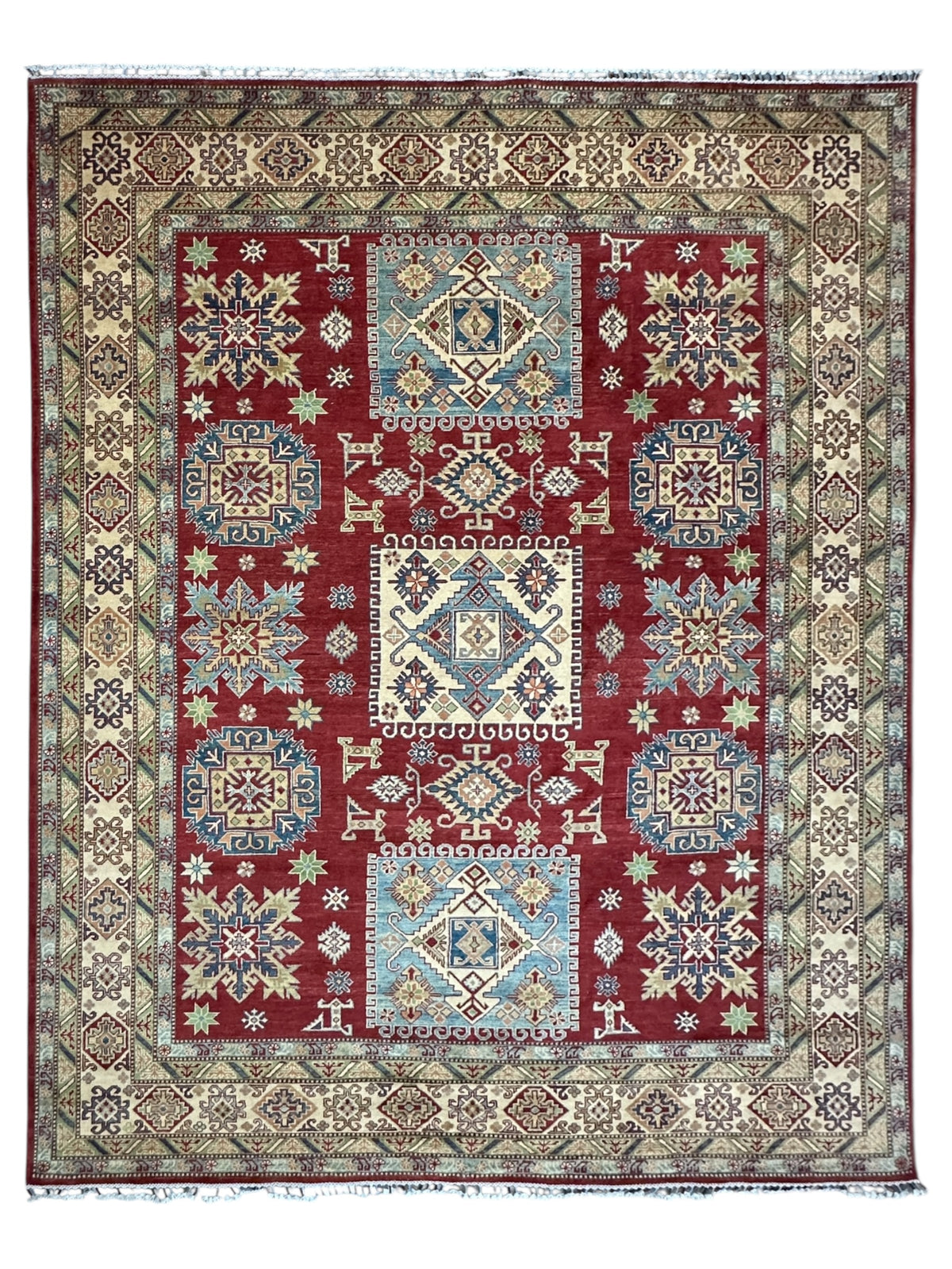 Afghan Kazak Rug 8'10" x 11'11", Hand-Knotted Wool, Cream & Red