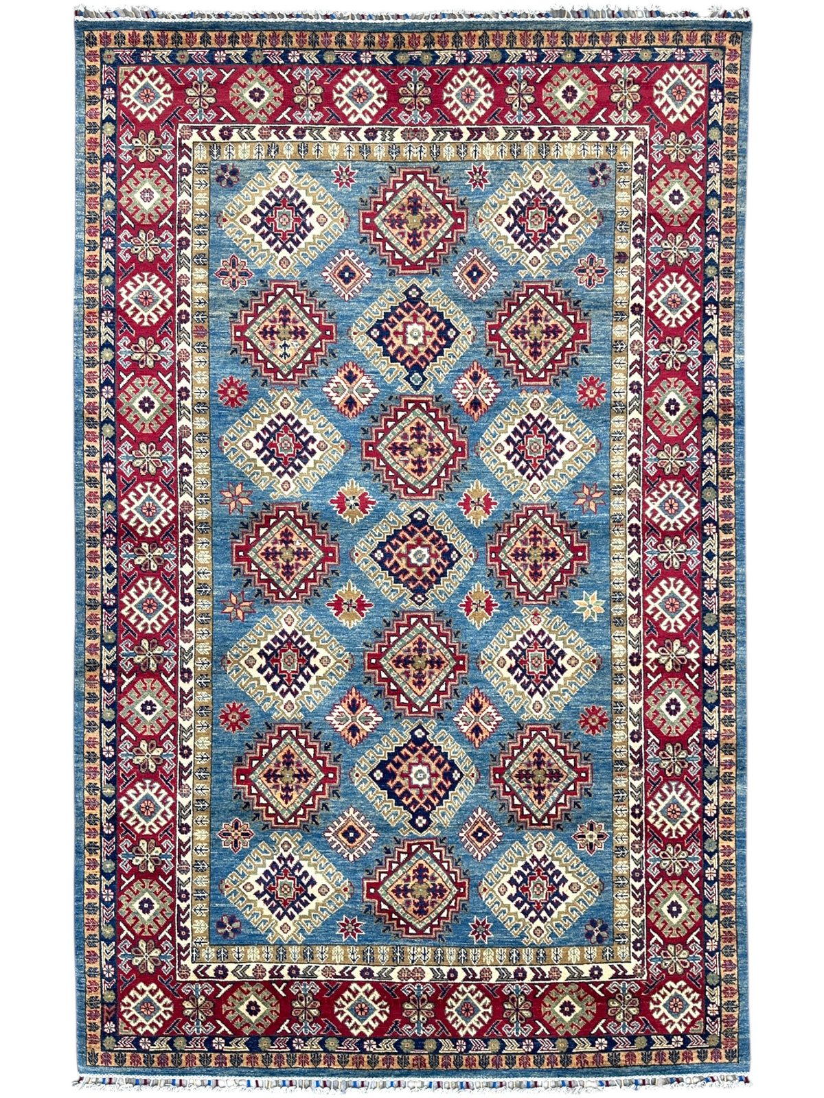 Afghan Kazak Rug 6x10, Light Blue, Red & Ivory, Hand-Knotted Wool