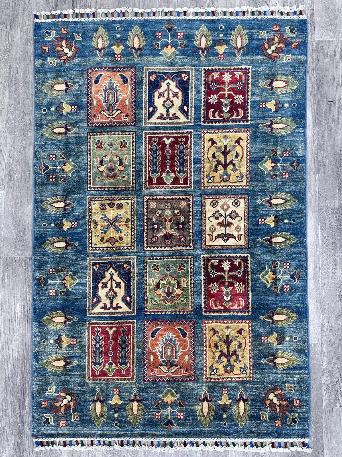 Afghan Kazak Tribal Rug 3x5, Blue, Red & Ivory, Hand-Knotted Wool