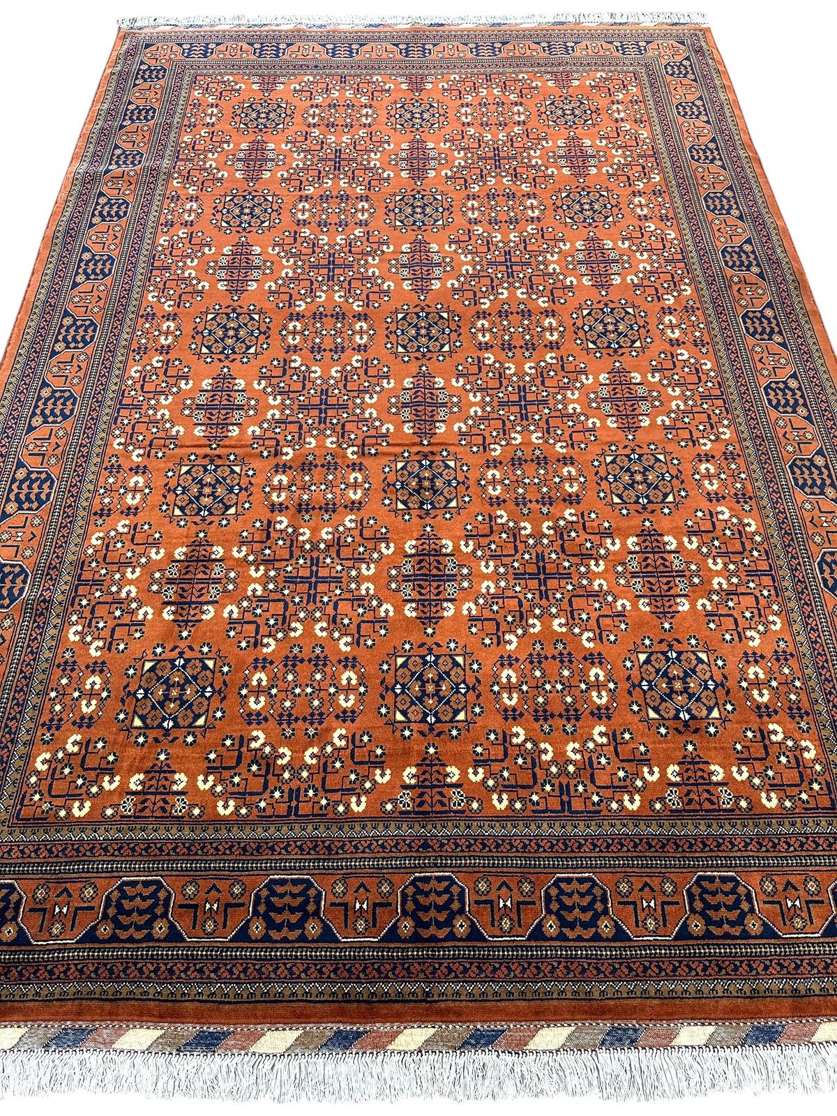 Afghan Turkmen Rug 7x10, Orange, Navy & Ivory, Hand-Knotted Wool, view 2