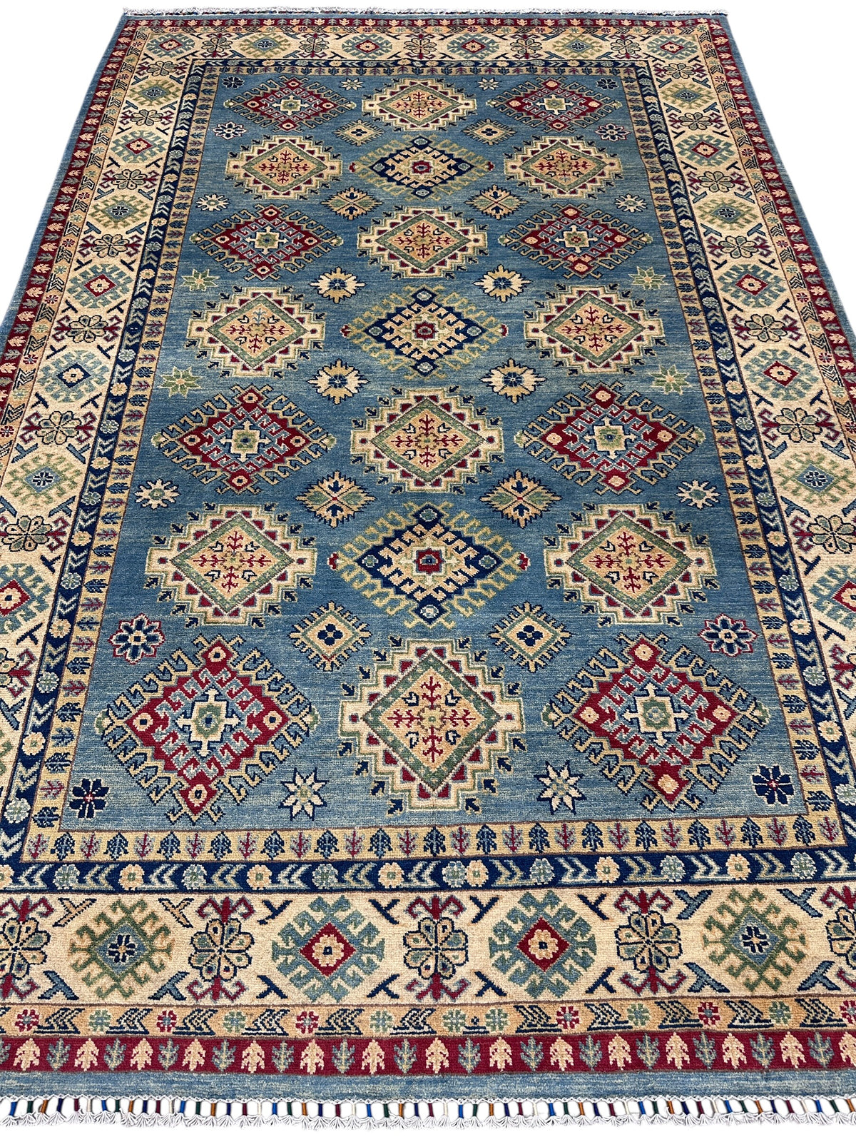 Afghan Kazak Rug 7x10, Light Blue, Ivory & Red, Hand-Knotted Wool, view 2