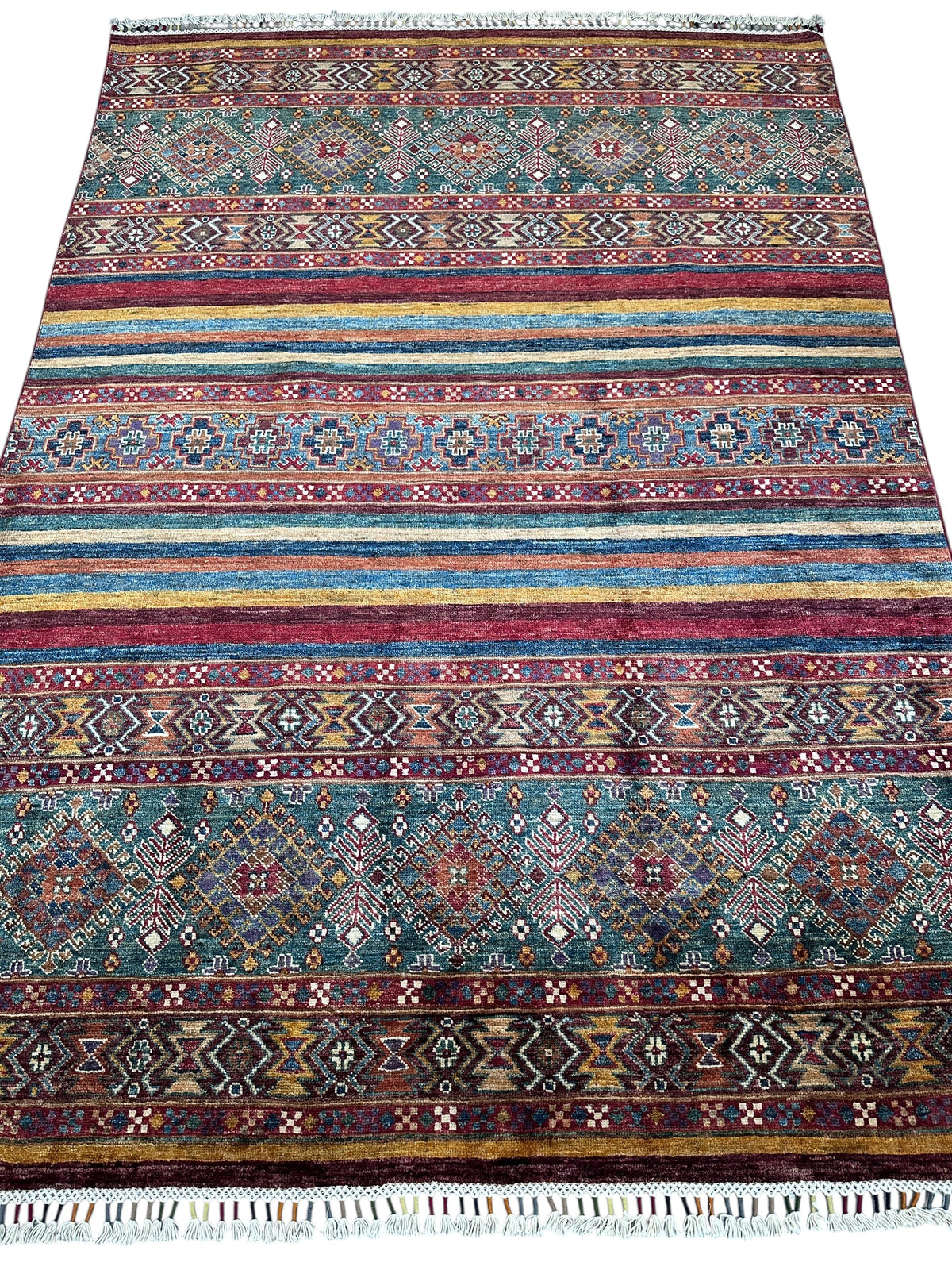 Afghan Khorjin Rug 4'11" x 6'10", Hand-Knotted Wool, Red, Blue & Green, view 2