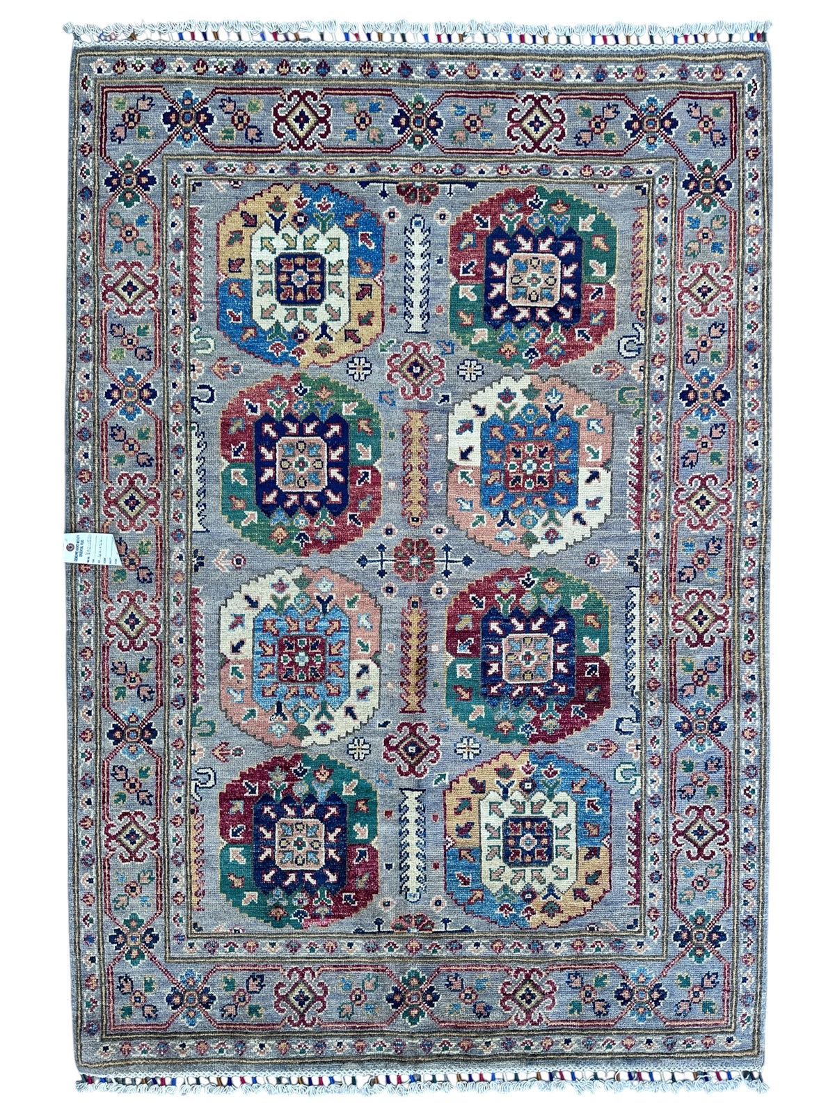 Afghan Kazak Rug 4'1" x 5'11", Hand-Knotted Wool, Gray