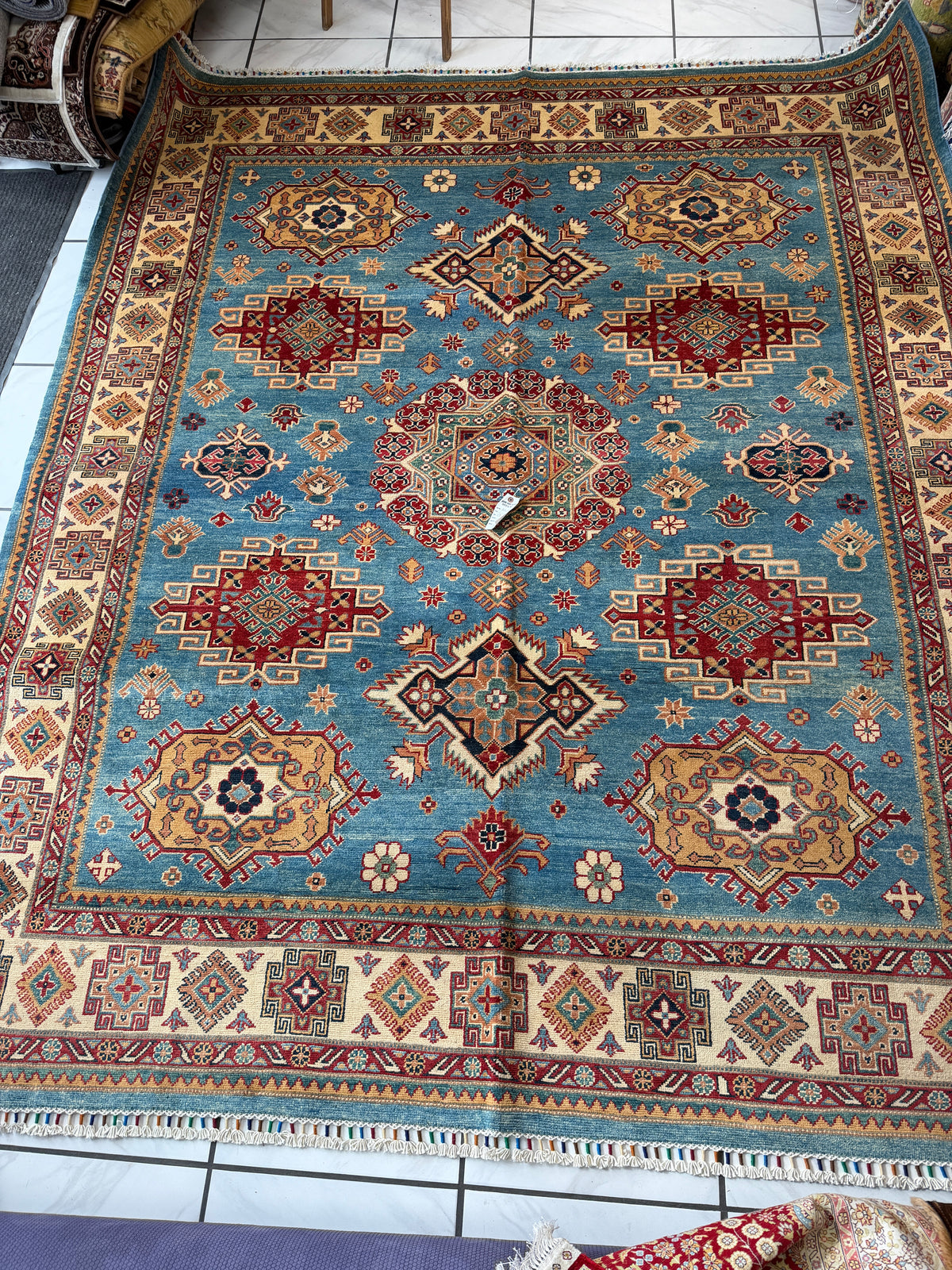 Afghan Kazak Rug 8'2" x 9'7", Hand-Knotted Wool, Blue
