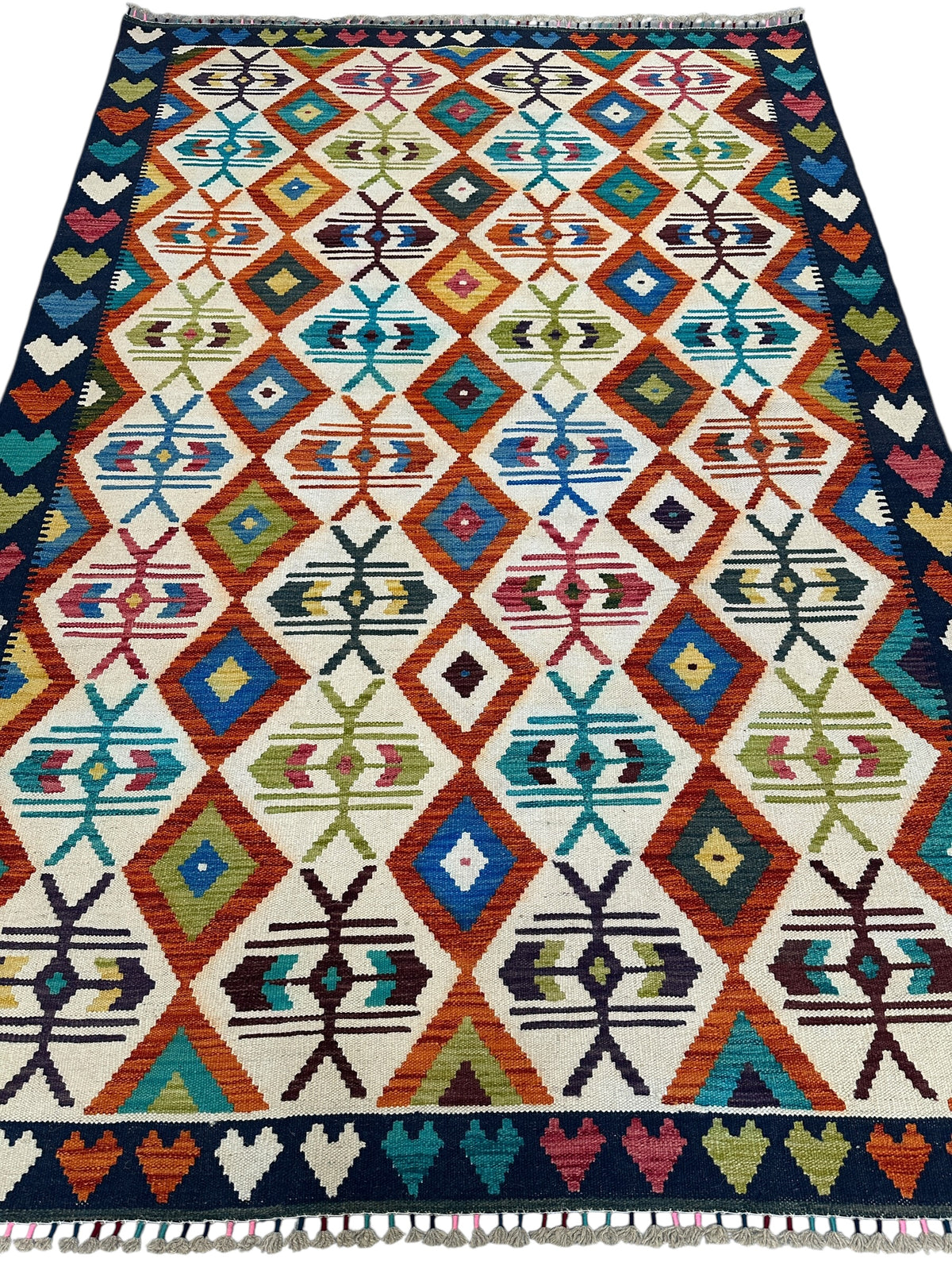Afghan Kilim Rug 6x8, Ivory, Rust & Navy, Diamond Lattice Wool Flatweave, view 2