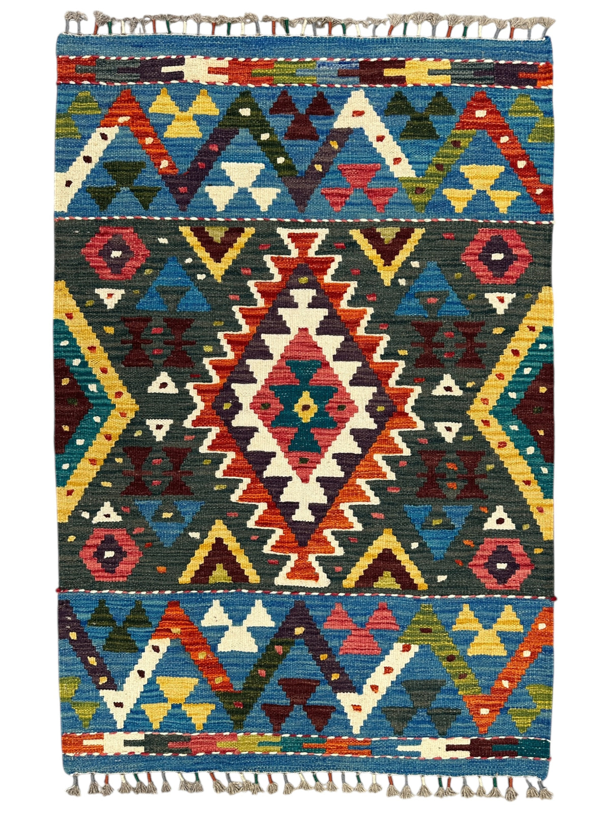 Afghan Kilim Rug 3x4, Green, Blue & Ivory, Hand-Woven Wool Flatweave