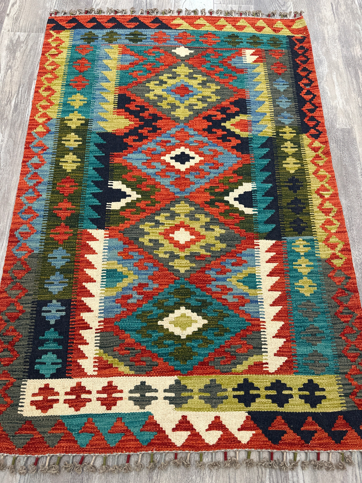 Afghan Kilim Rug 3x5, Rust, Teal & Green, Hand-Woven Wool Flatweave, view 2