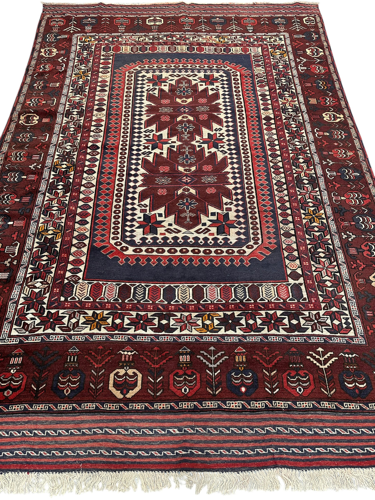 Afghan Baluch Rug 6x9 | Burgundy, Ivory & Navy | Hand-Knotted Wool | View 2