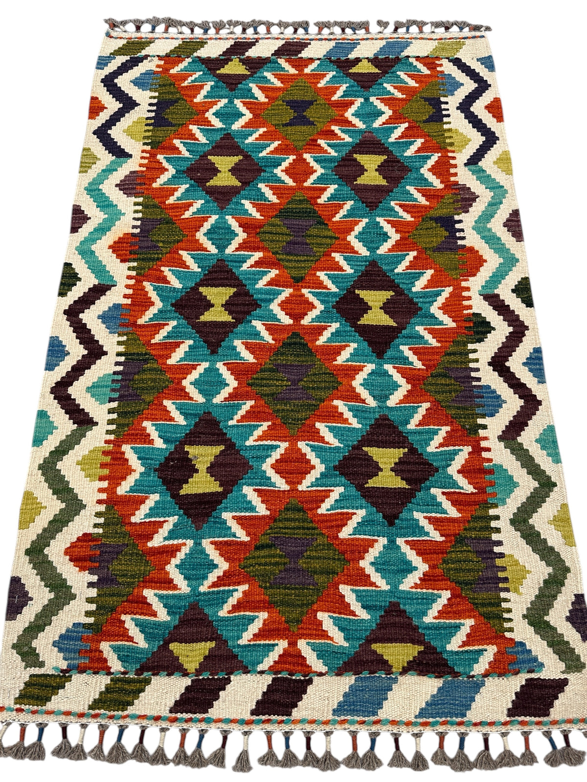 Afghan Kilim Rug 3x4, Rust, Teal & Ivory, Diamond Lattice Wool Flatweave, view 2