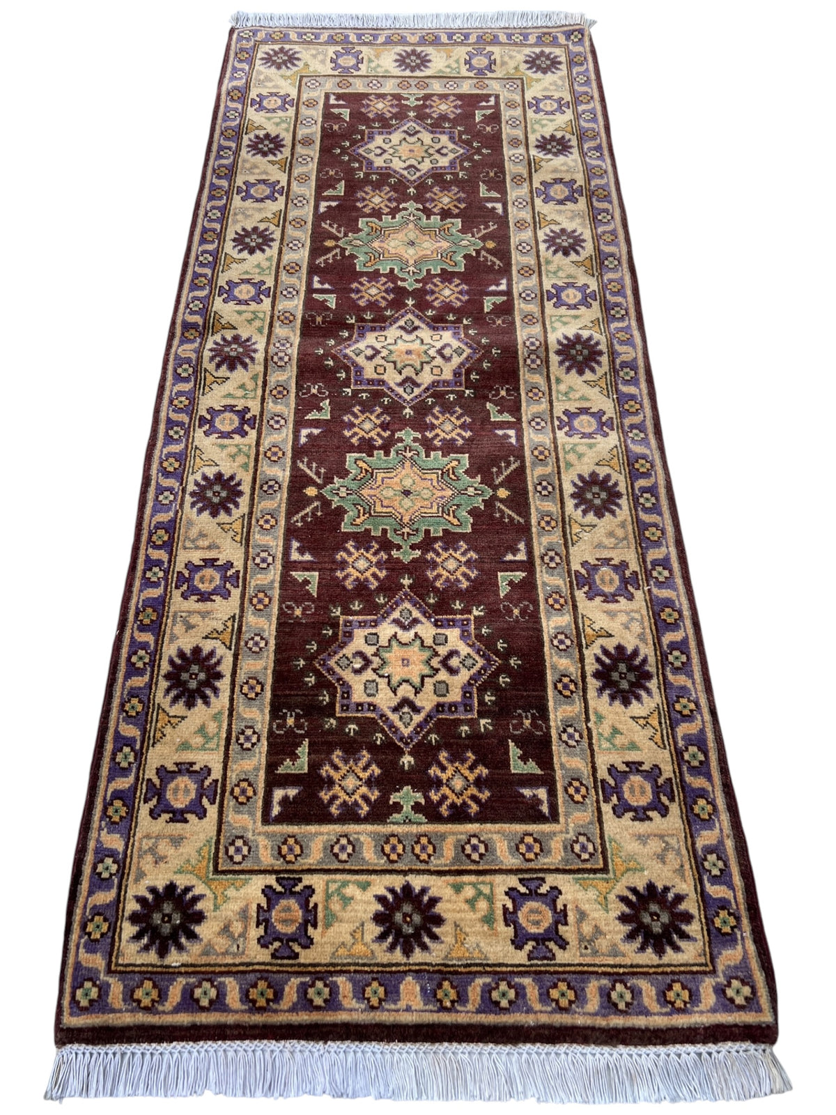 Kazak Runner 3x7 | Burgundy, Ivory & Gold | hand-knotted wool | full view, end