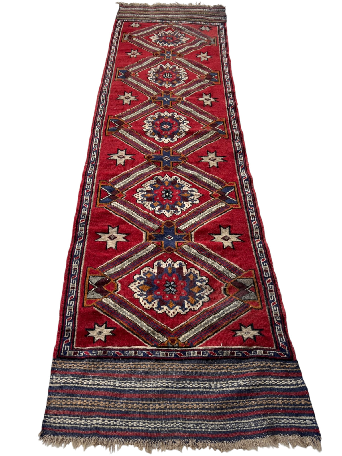 Nakhonak Runner 2x7 | Red, Navy & Ivory | hand-knotted wool | full view, end