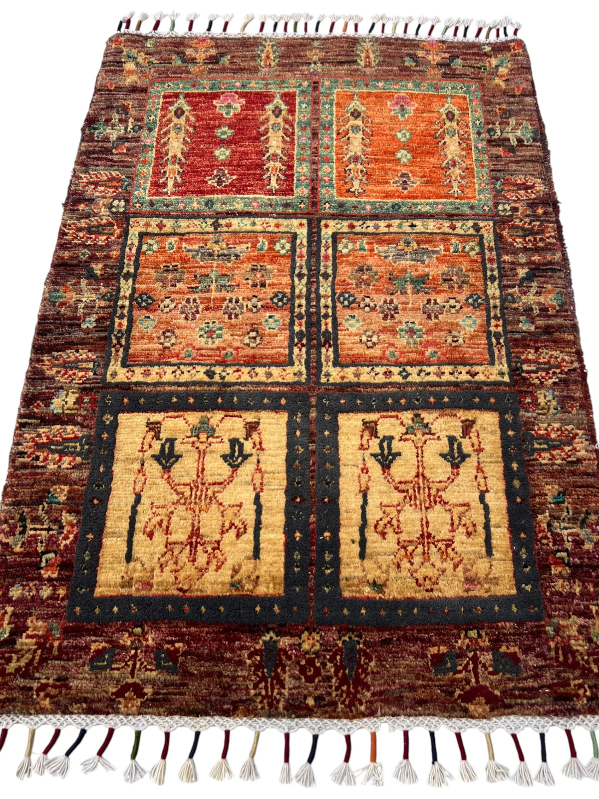 Kazak Bakhtiari Garden Rug 2x3 | Brown, Rust & Gold | hand-knotted wool | full view, end