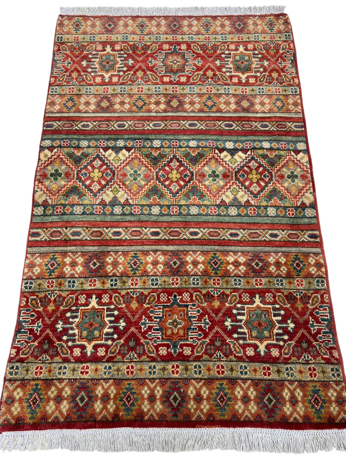 Kazak Rug 3x5 | Rust, Red & Ivory | hand-knotted wool | full view, end