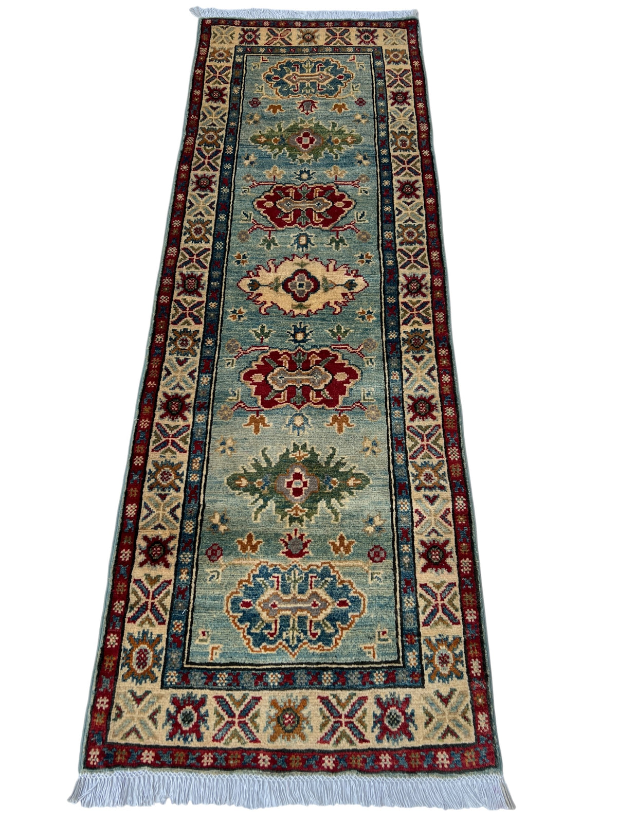 Kazak Runner 2x6 | Light Blue, Red & Ivory | hand-knotted wool | full view, end