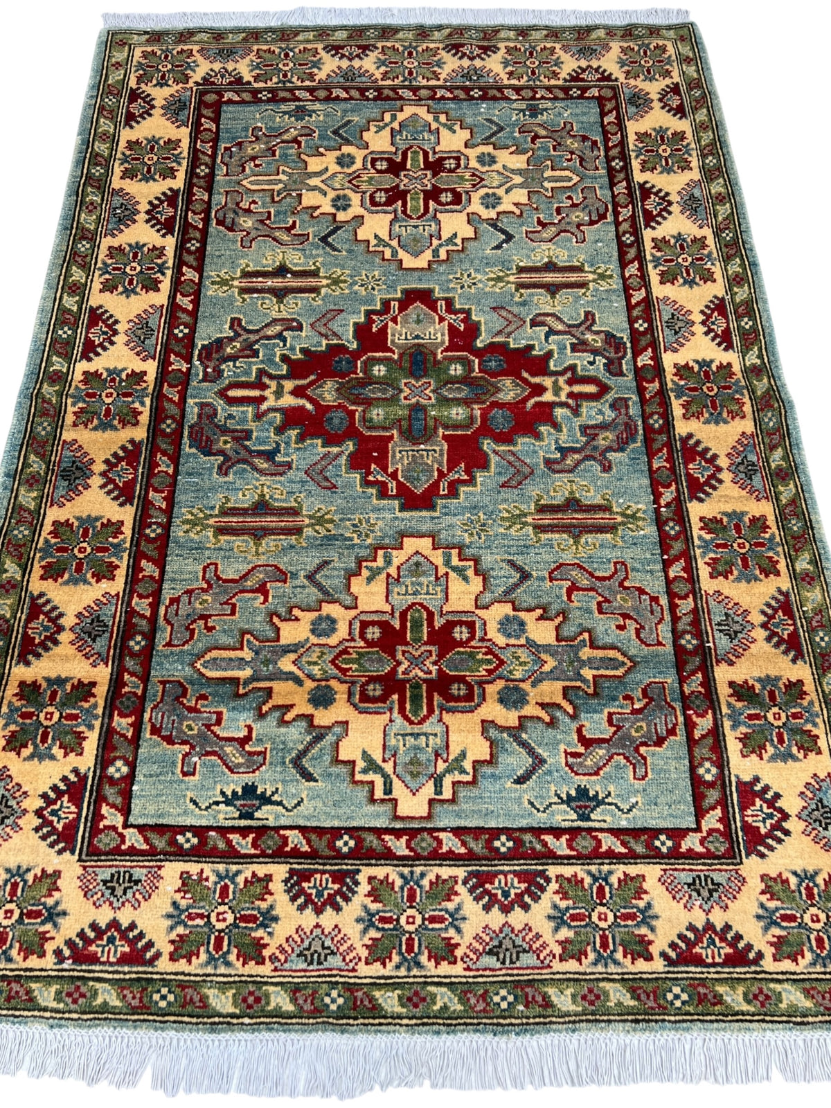 Kazak Rug 4x6 | Light Blue, Red & Ivory | hand-knotted wool | full view, end