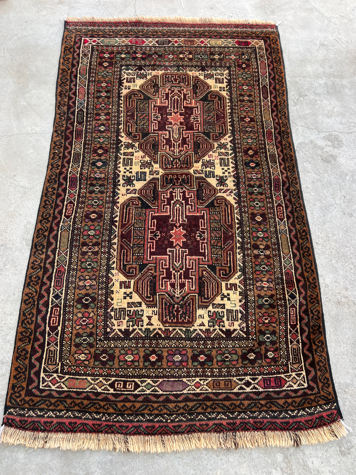 Baluch Rug 3x5 | Ivory, Brown & Rust | hand-knotted wool | full view, end