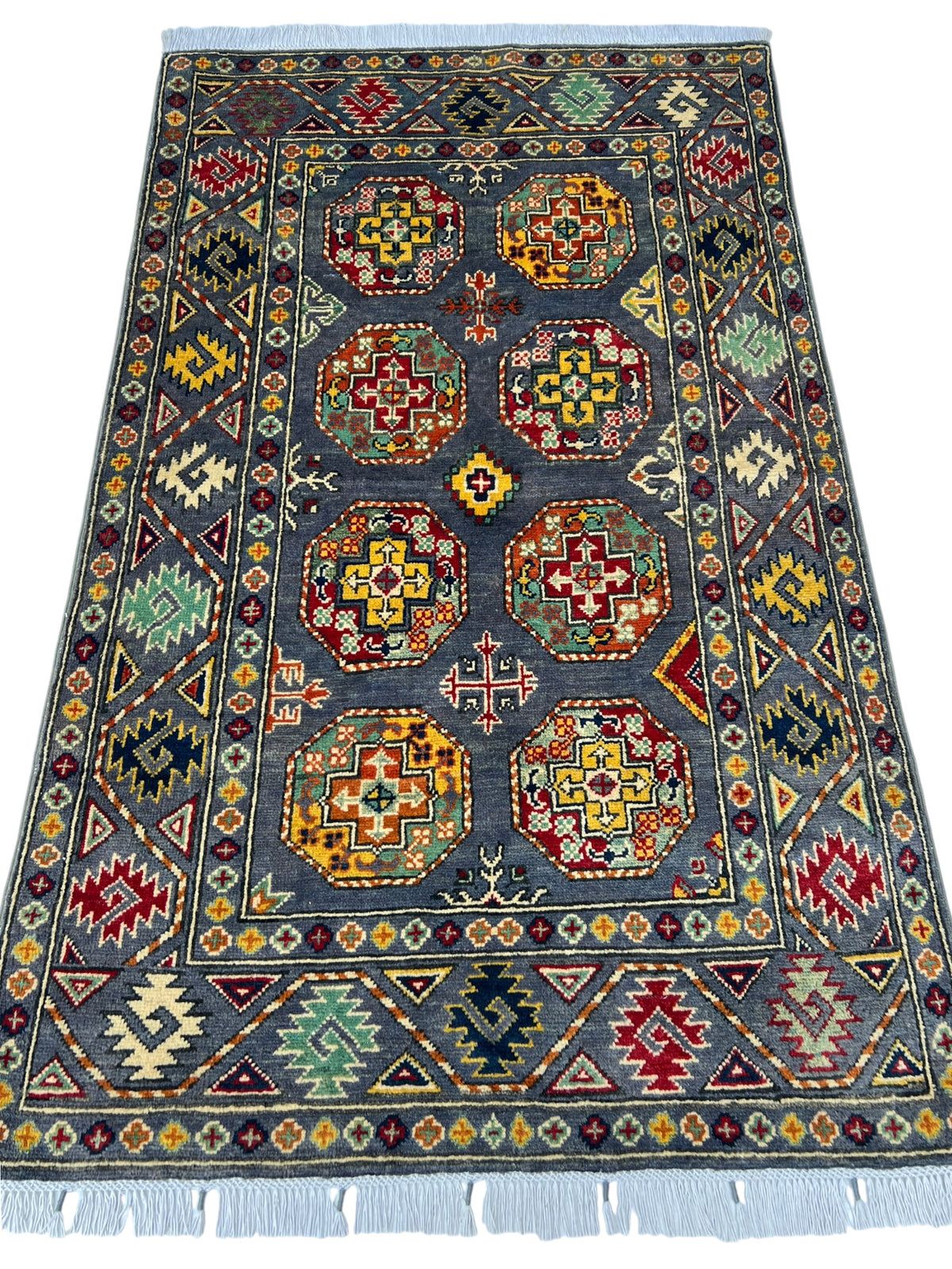 Kazak Rug 3x5 | Charcoal, Red & Gold | hand-knotted wool | full view, end
