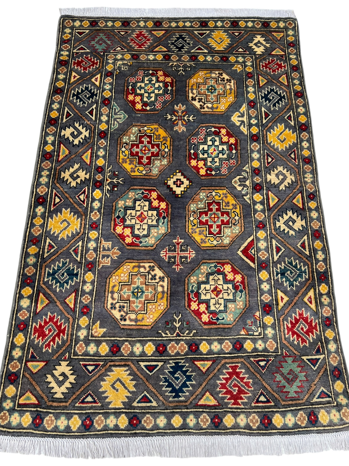 Kazak Rug 3x5 | Charcoal, Red & Gold | hand-knotted wool | full view, end
