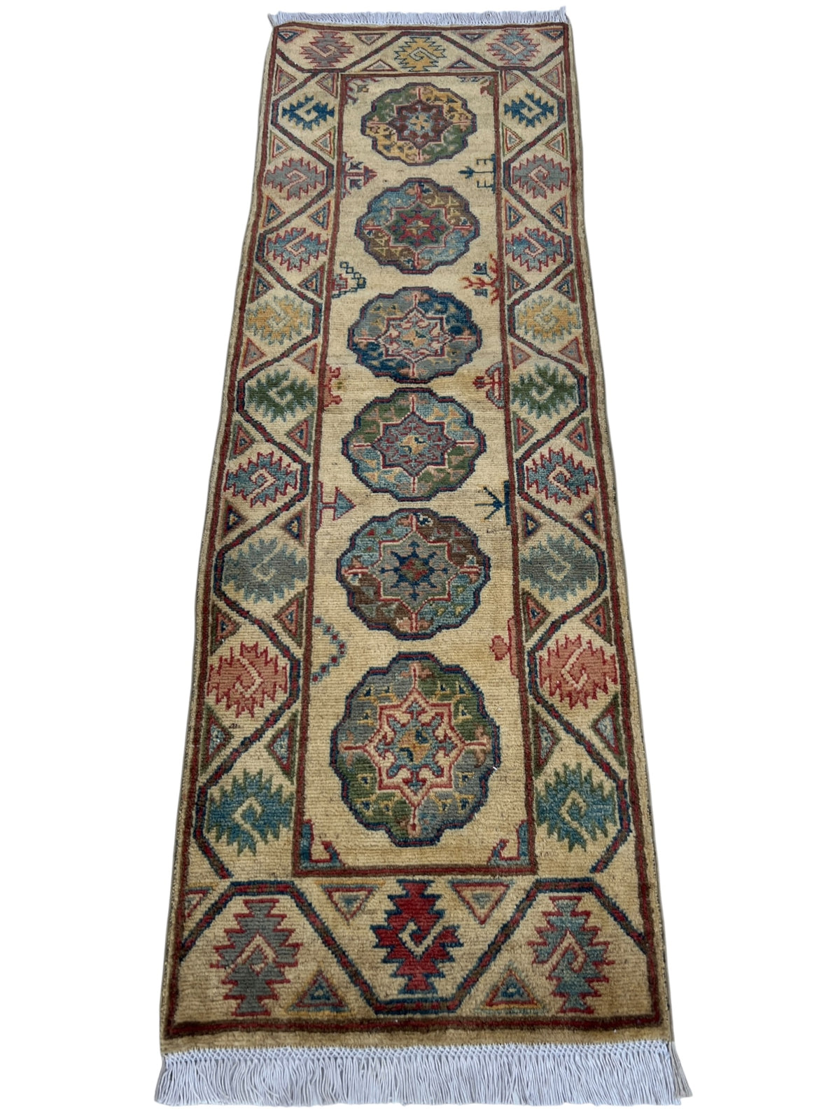 Kazak Runner 2x6 | Ivory, Blue & Red | hand-knotted wool | full view, end