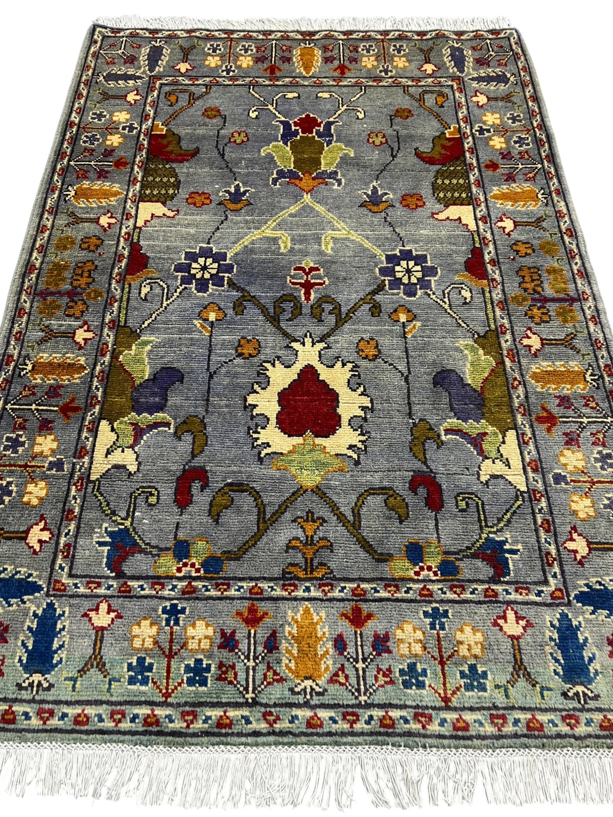 Kazak Rug 3x5 | Gray, Gold & Red | hand-knotted wool | full view, end