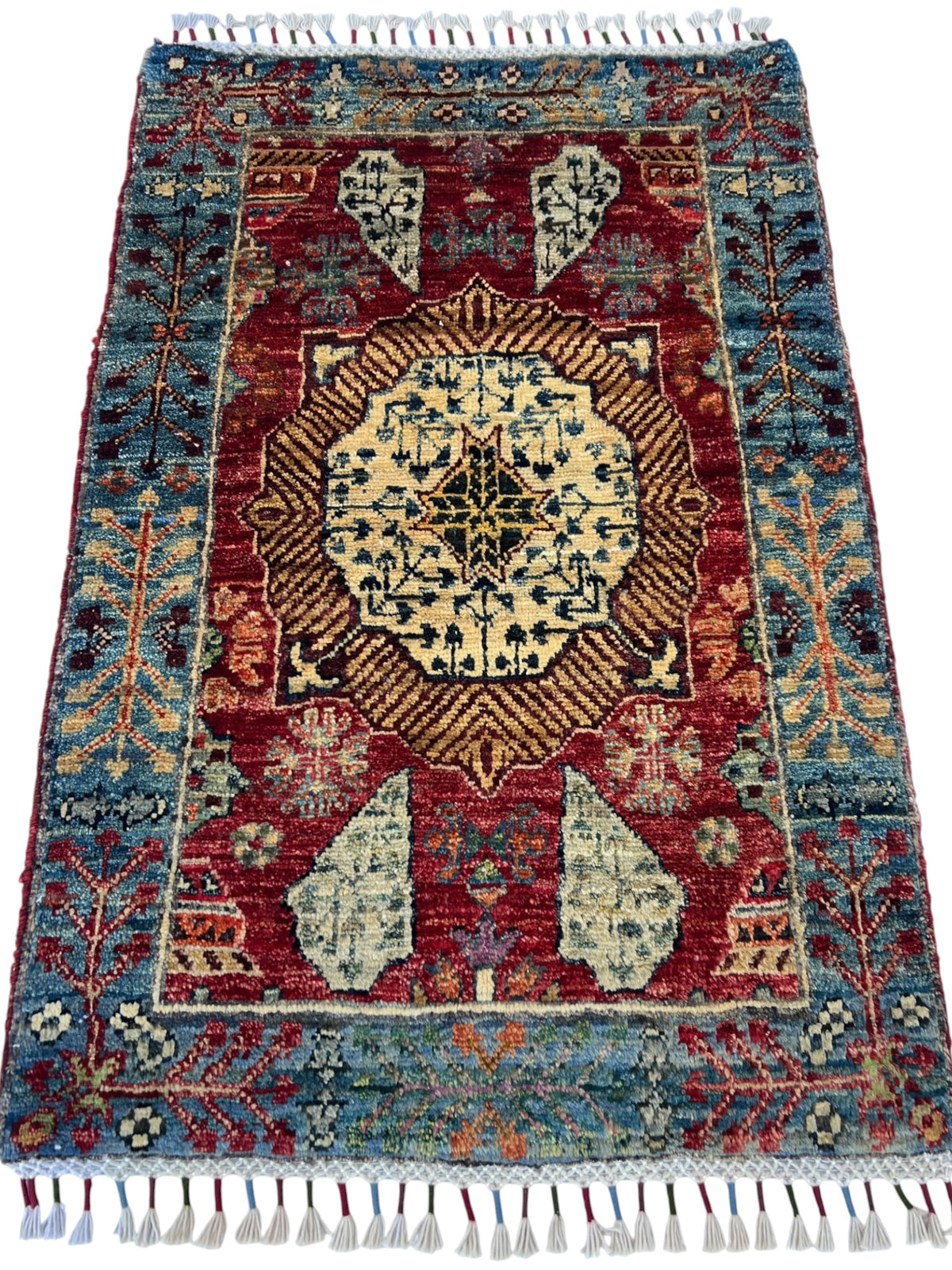 Chobi Rug 2x3 | Red, Blue & Ivory | hand-knotted wool | full view, end