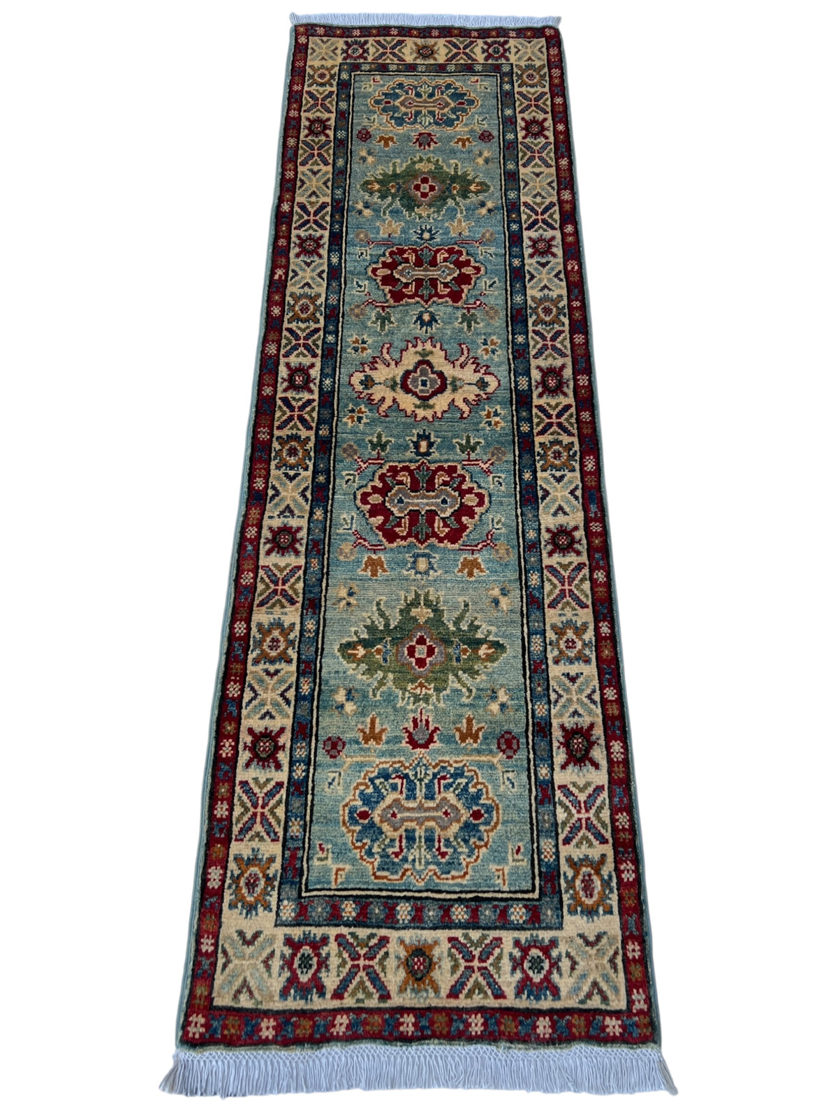 Kazak Runner 2x6 | Light Blue, Red & Ivory | hand-knotted wool | full view, end