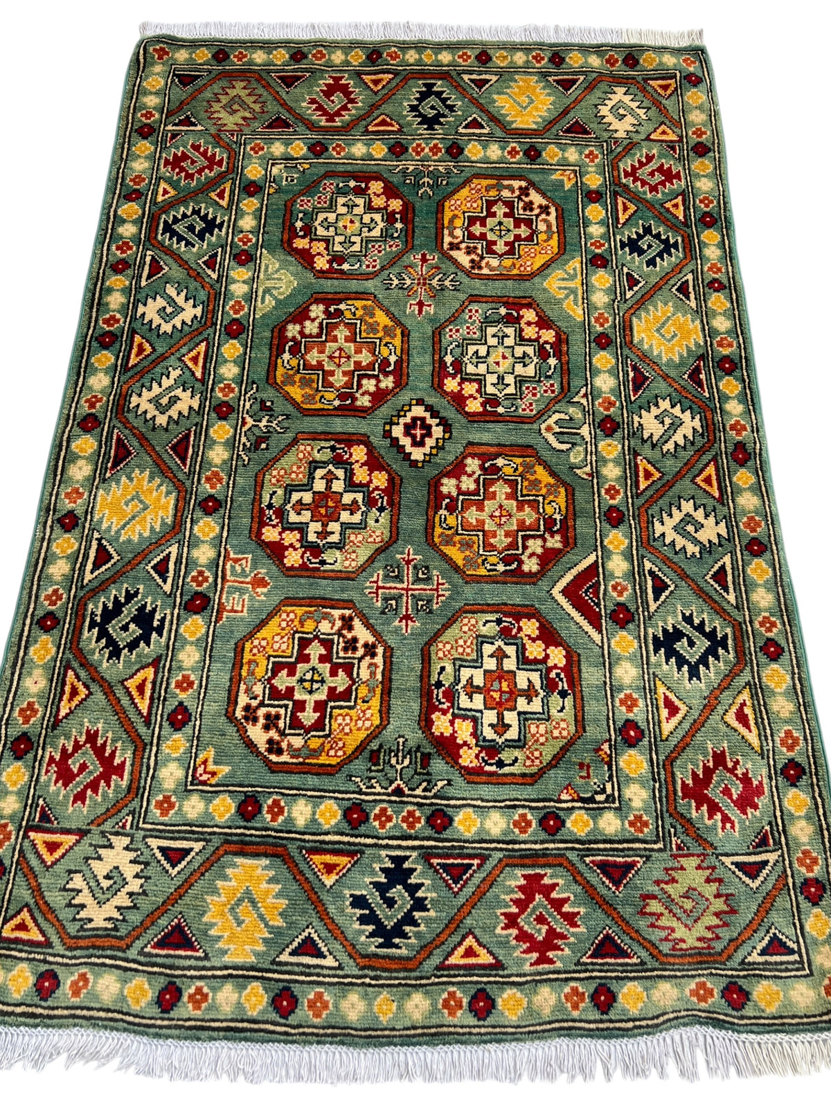Kazak Rug 3x5 | Green, Gold & Red | hand-knotted wool | full view, end