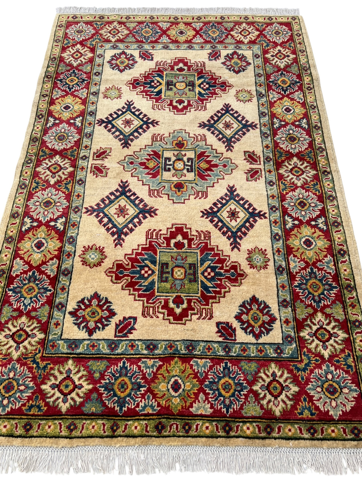 Kazak Rug 4x6 | Ivory, Red & Navy | hand-knotted wool | full view, end