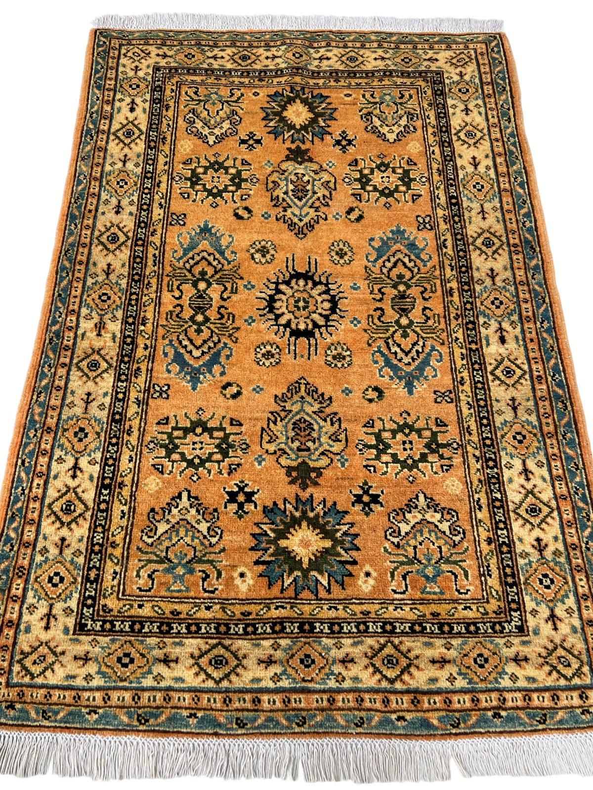 Kazak Rug 3x5 | Peach, Blue & Ivory | hand-knotted wool | full view, end