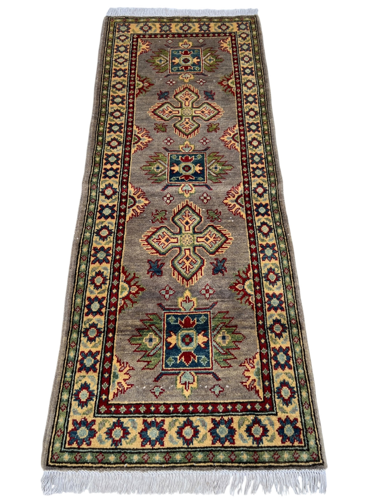 Kazak Runner 2x5 | Gray, Red & Blue | hand-knotted wool | full view, end