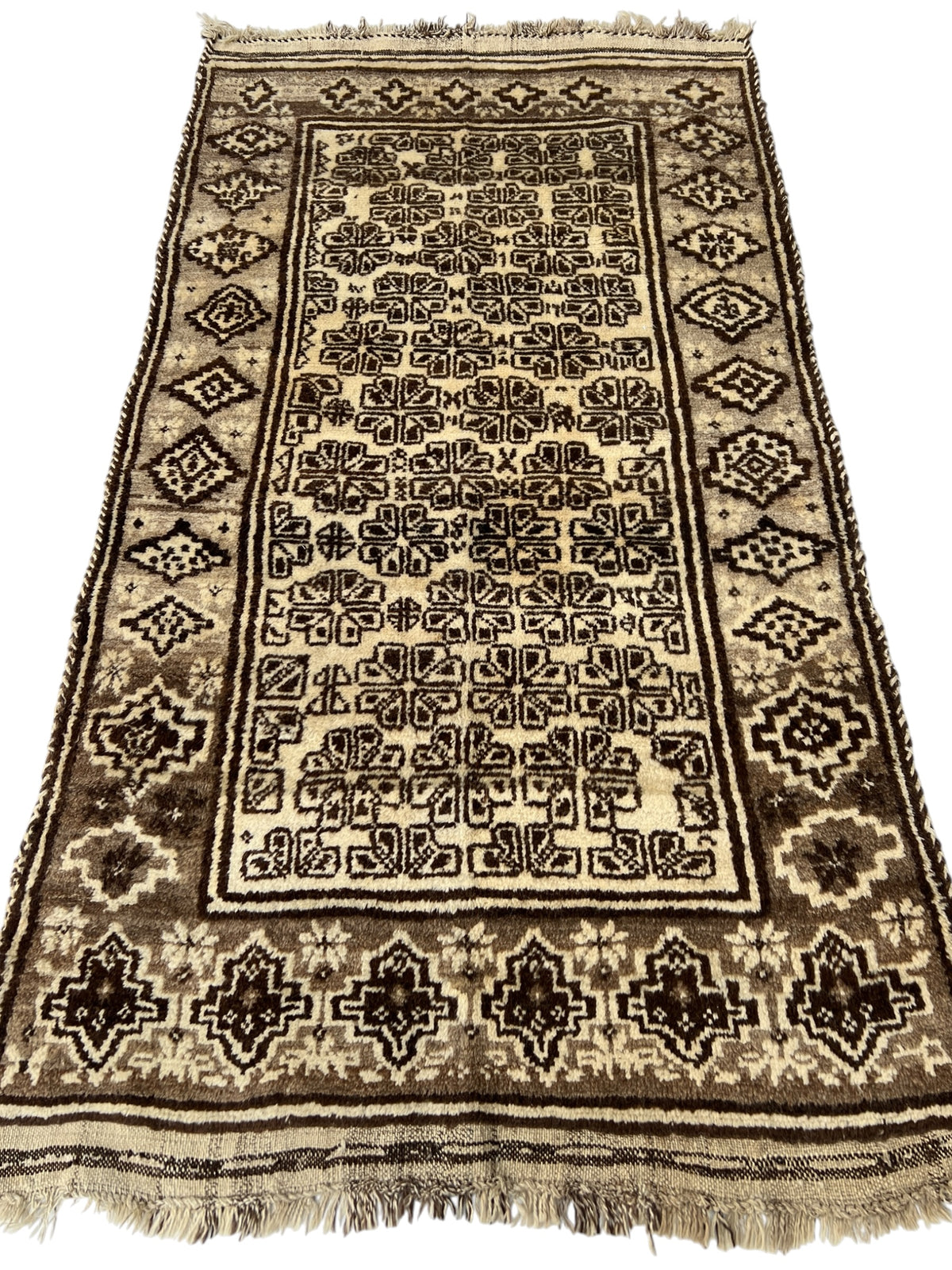 Baluch Rug 3x6 | Ivory & Brown | hand-knotted wool | full view, end