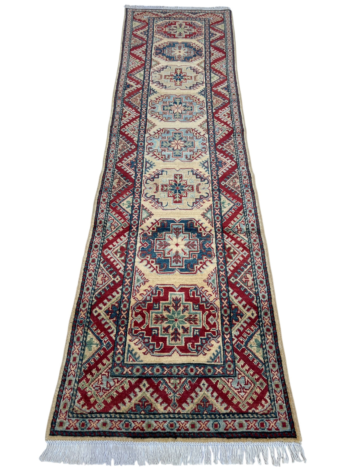 Kazak Runner 2x10 | Ivory, Red & Beige | hand-knotted wool | full view, end