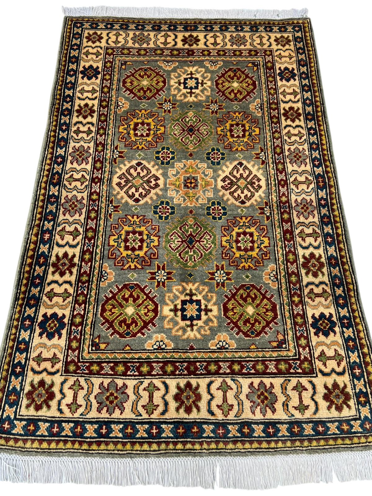 Kazak Rug 3x5 | Gray, Ivory & Navy | hand-knotted wool | full view, end