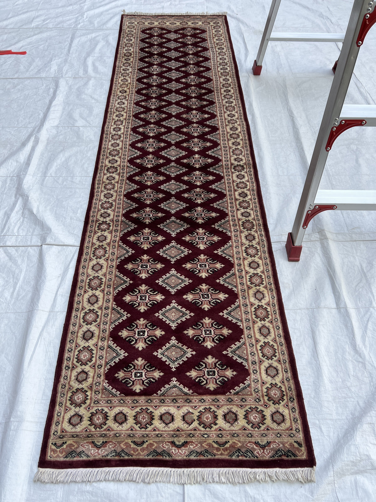 Turkmen Bokhara Runner 3x10 | Burgundy, Ivory & Rose | hand-knotted wool | full view, end