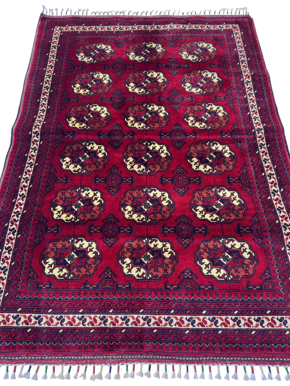 Turkmen Rug 3x5 | Red, Ivory & Burgundy | hand-knotted wool | full view, end