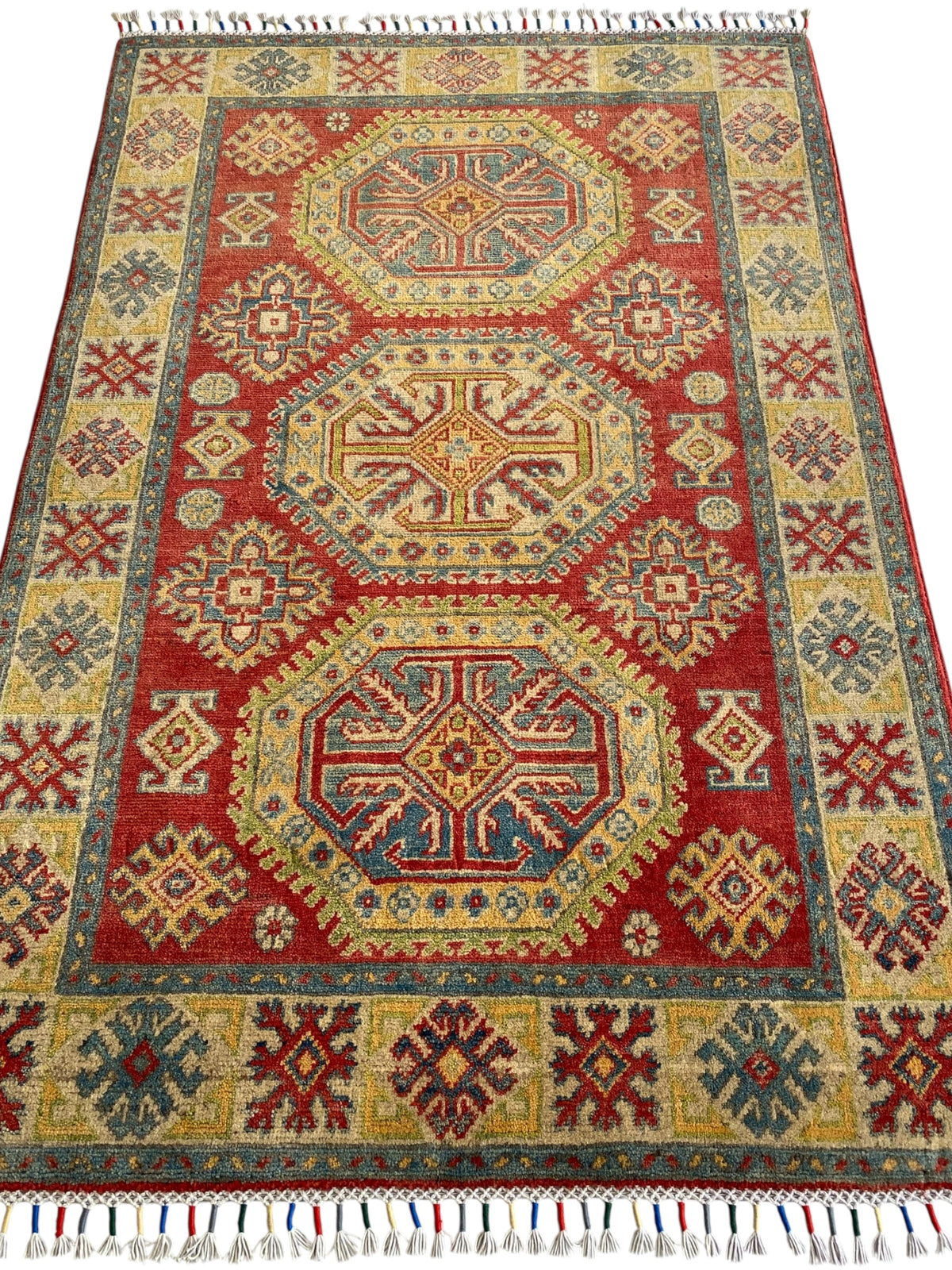 Kazak Rug 3x5 | Red, Gold & Ivory | hand-knotted wool | full view, end