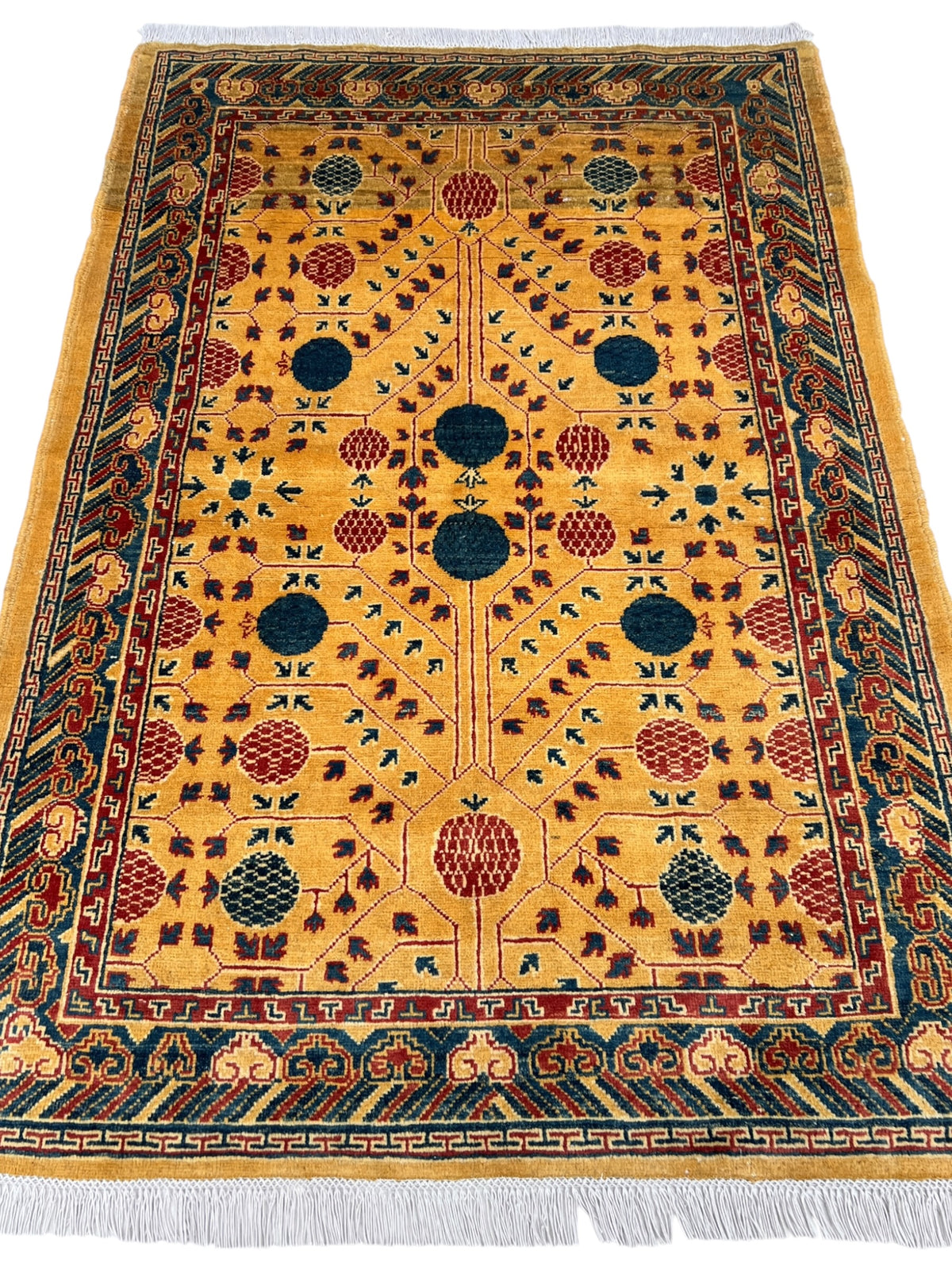 Kazak Rug 4x6 | Gold, Navy & Red | hand-knotted wool | full view, end