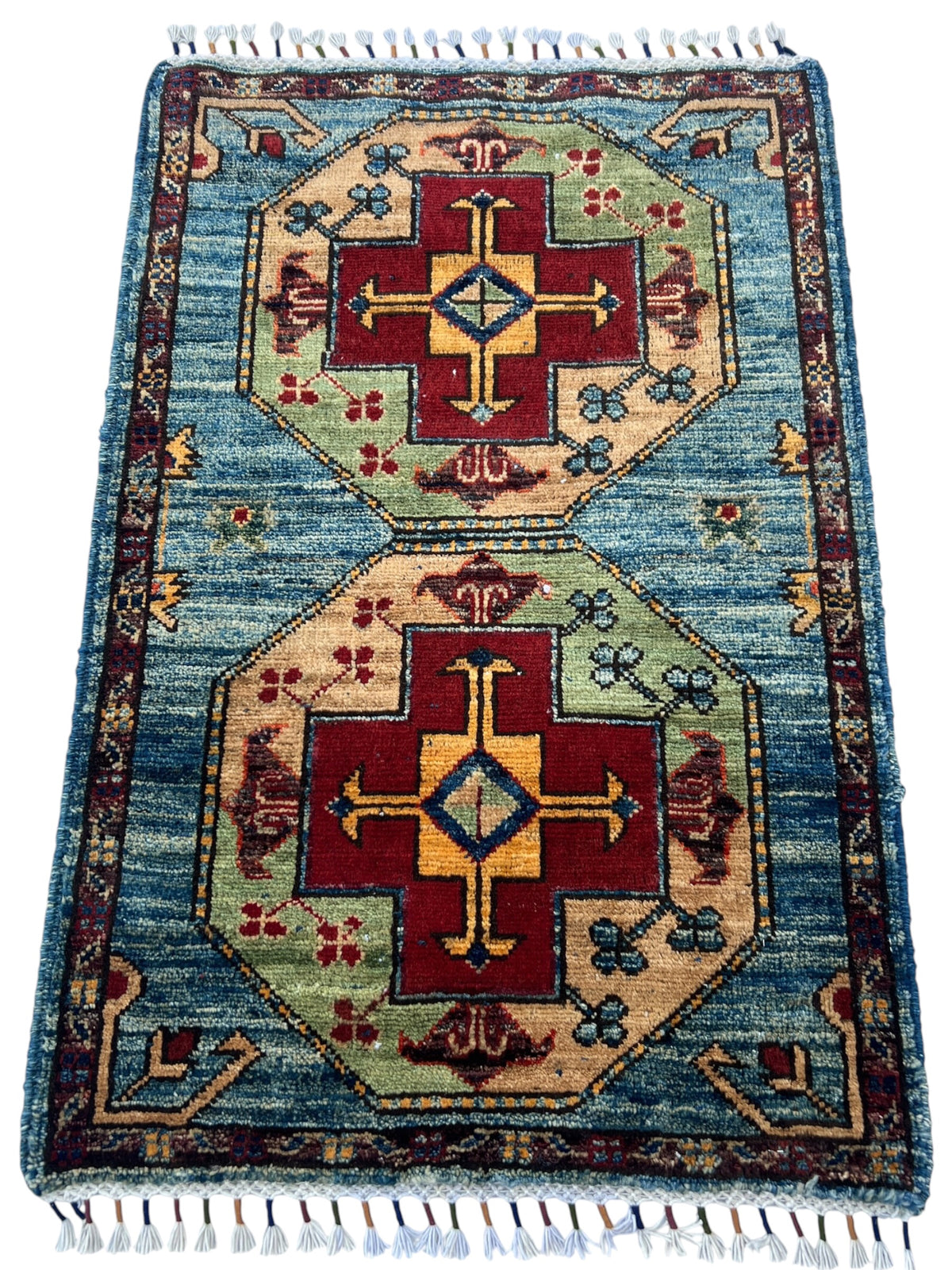 Chobi Rug 2x3 | Blue, Red & Gold | hand-knotted wool | full view, end