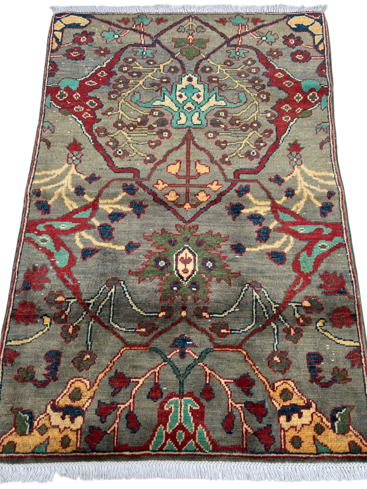 Kazak Rug 3x4 | Gray, Red & Teal | hand-knotted wool | full view, end