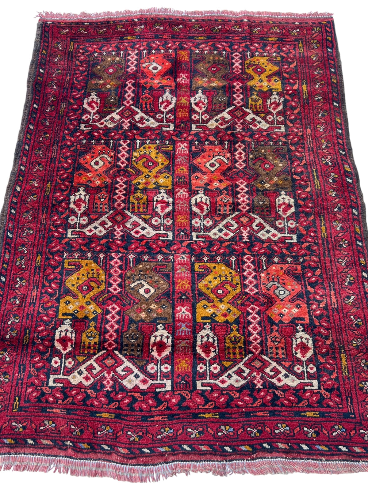 Baluch Rug 3x5 | Red, Orange & Gold | hand-knotted wool | full view, end