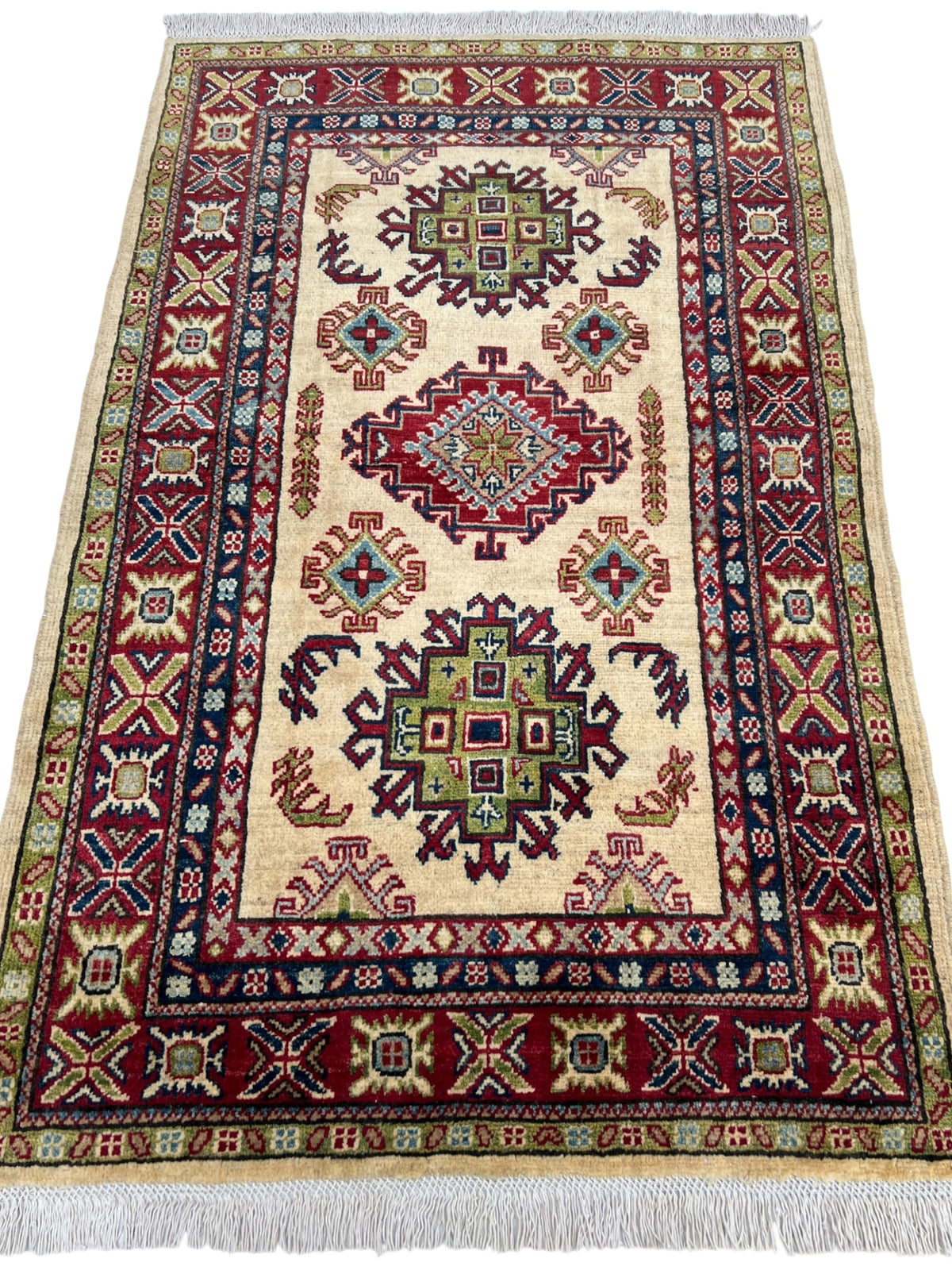 Kazak Rug 3x5 | Ivory, Red & Green | hand-knotted wool | full view, end