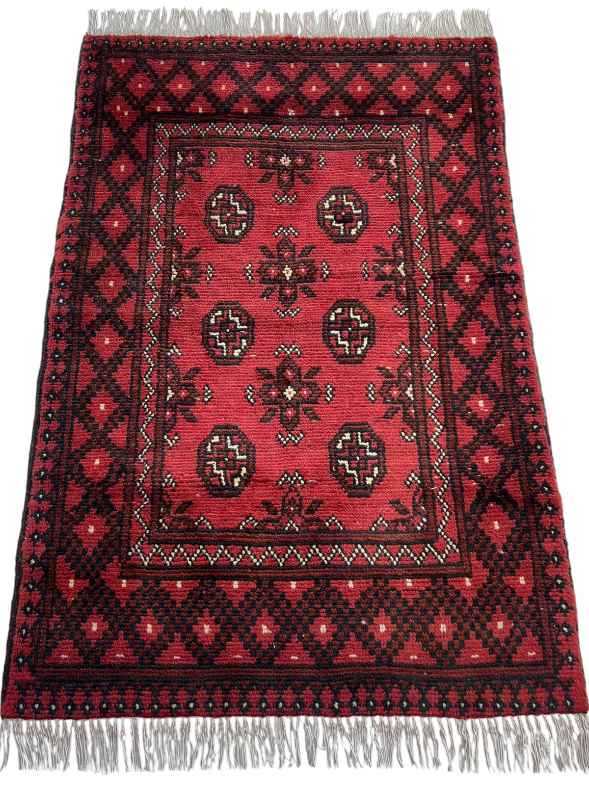 Baluch Turkmen Gul Rug 3x4 | Red, Navy & Ivory | hand-knotted wool | full view, end
