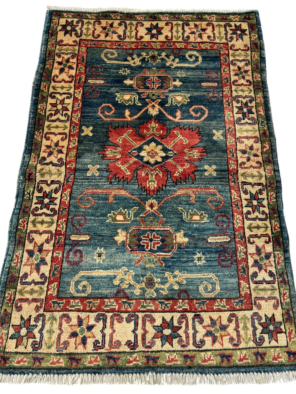 Kazak Rug 3x4 | Blue, Red & Ivory | hand-knotted wool | full view, end