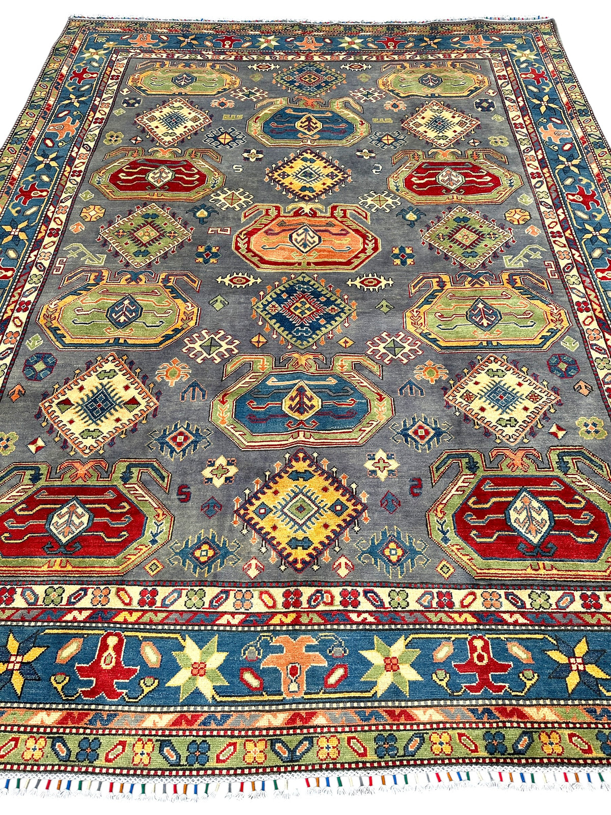 Afghan Kazak Rug 8'3" x 10'8", Hand-Knotted Wool, Navy, Red & Green, view 2