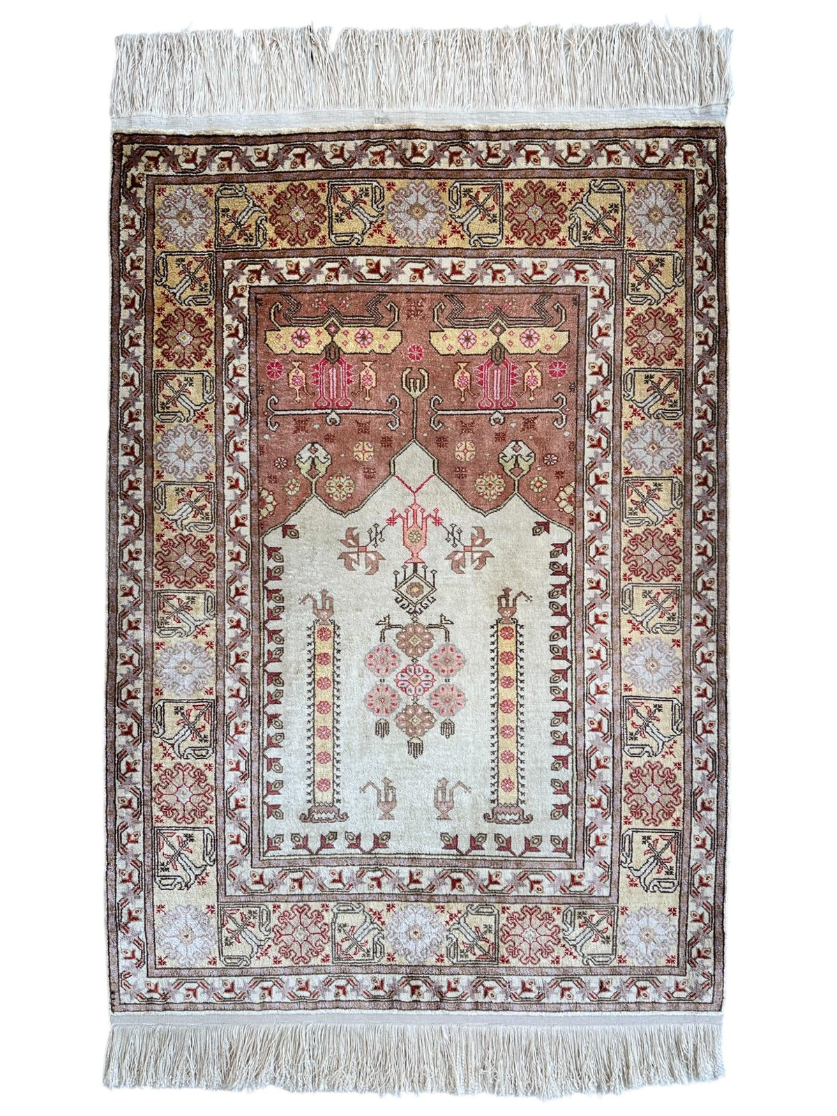 Vintage Turkish Kayseri Rug 26" x 36", Hand-Knotted Silk, 1980s
