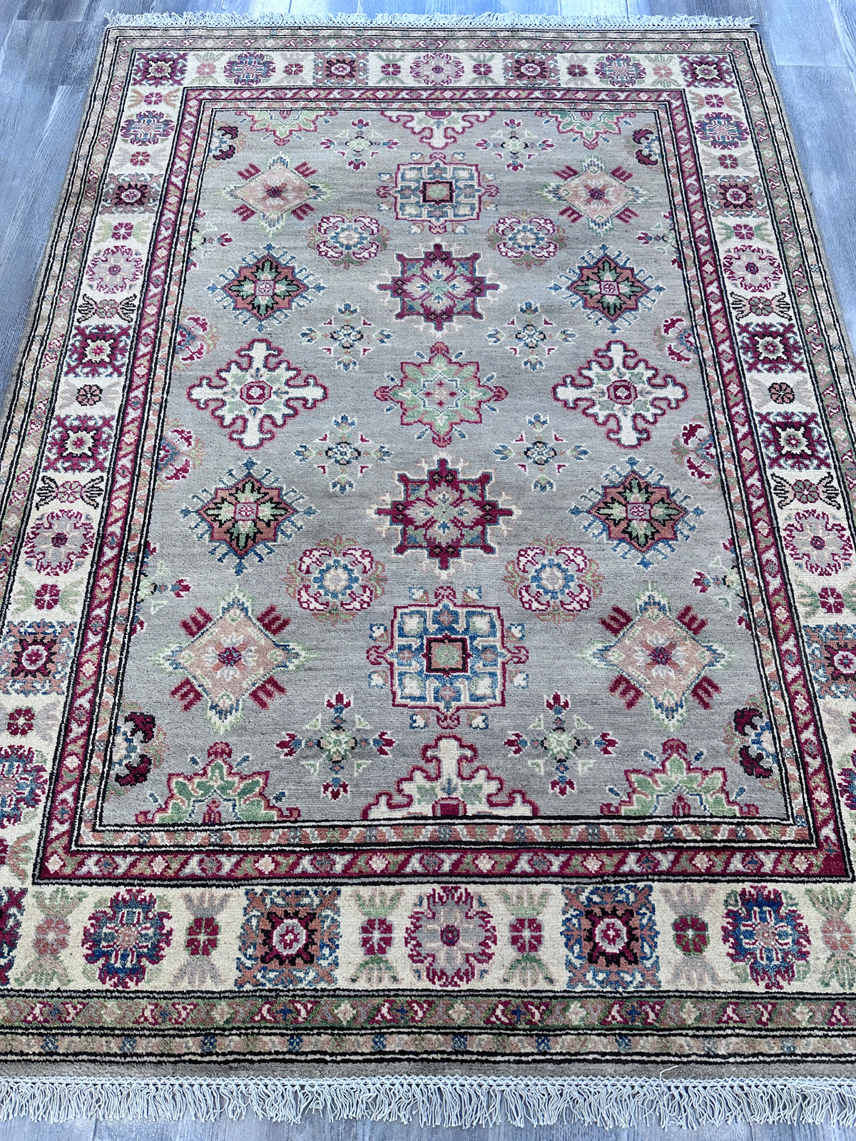 Afghan Kazak Rug 5x7, Gray, Ivory & Burgundy, Hand-Knotted Wool, view 2