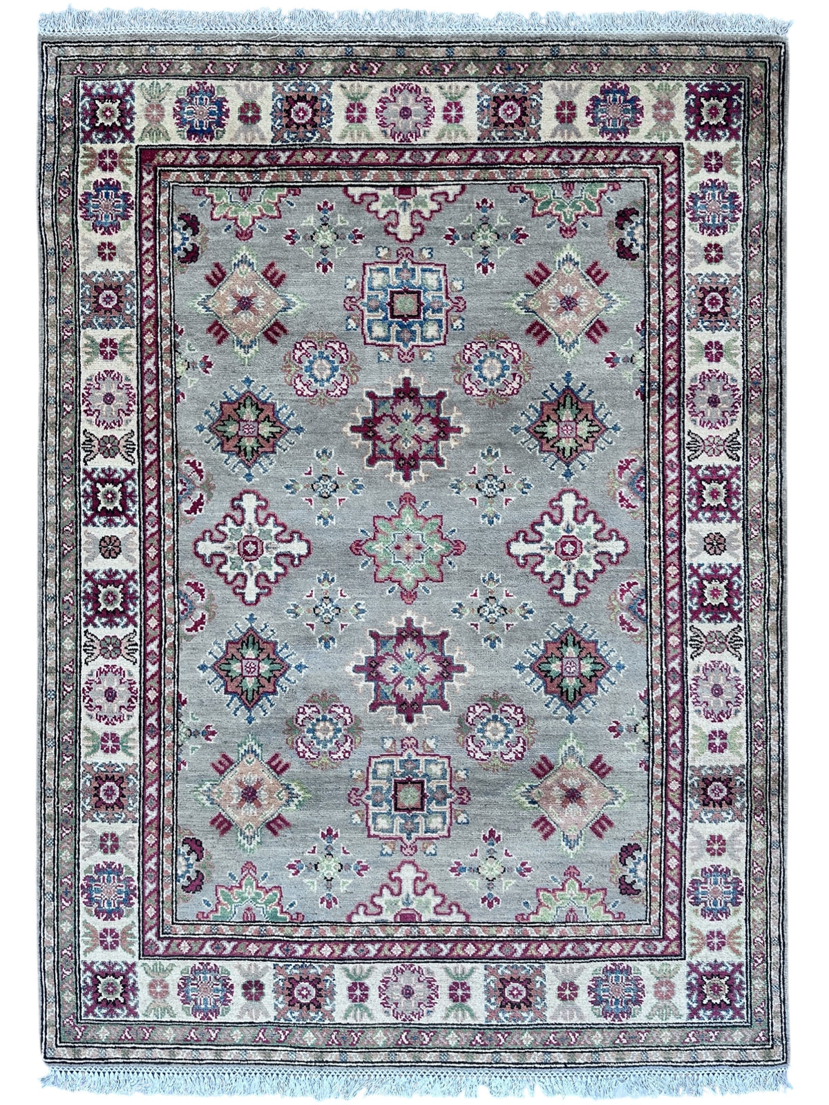 Afghan Kazak Rug 5x7, Gray, Ivory & Burgundy, Hand-Knotted Wool