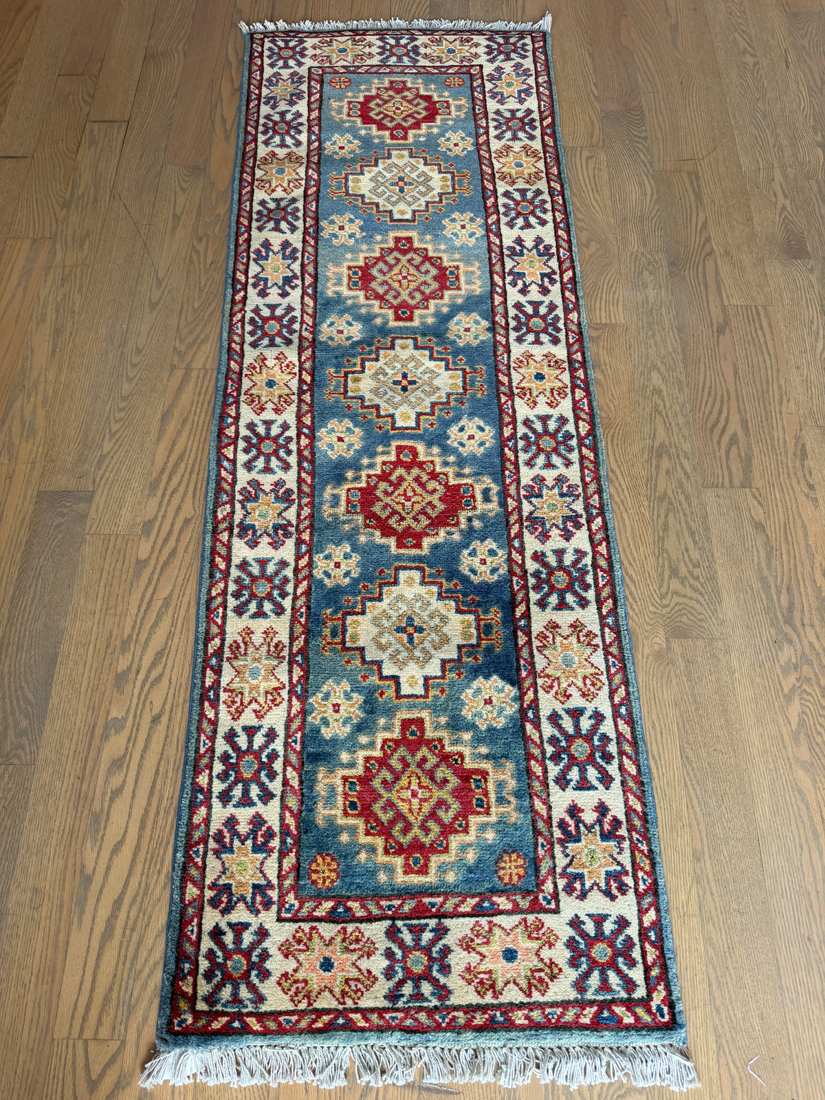 Afghan Kazak Runner 2x6 | Blue, Ivory & Red | Hand-Knotted Wool